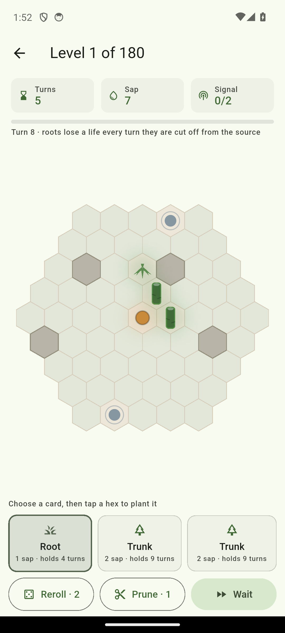 A hex board mid-level, with a chain of roots and trunks running up from the glowing source.